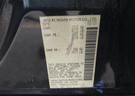 2015 Nissan Altima 2.5 S из США, поврежденный, VIN 1N4AL3AP5FN400596